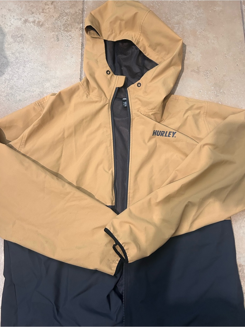 Hurley Two-Tone Hooded Raincoat in Tan and Black